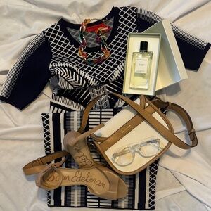 WOW couture Navy Blue and White Geometric Asymmetrical Dress